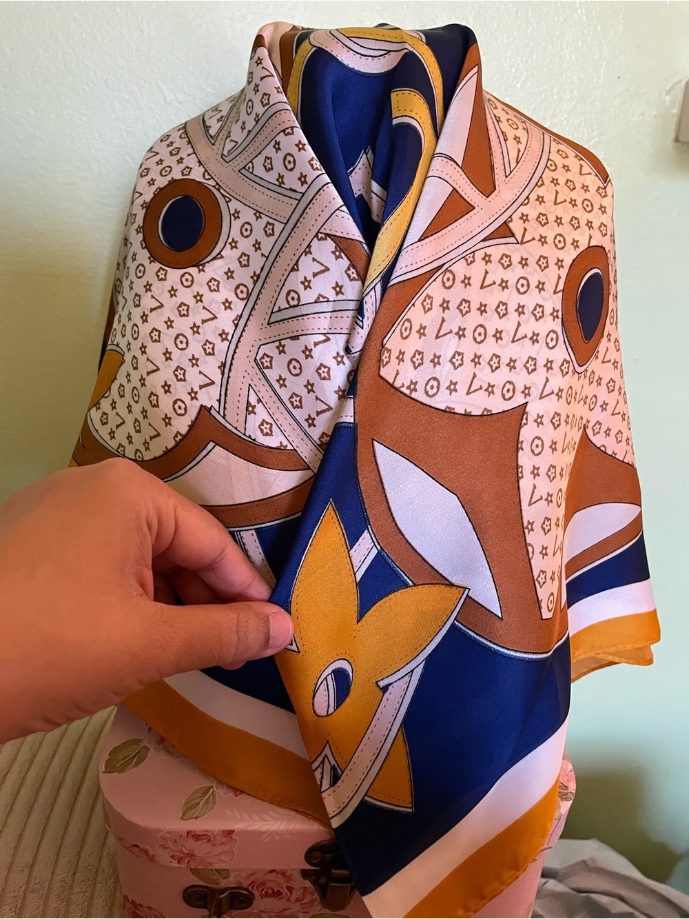 Printed Scarf in Navy, Mustard & Blush